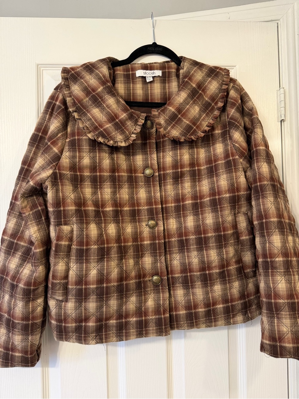 Stoosh Brown Plaid Quilted Jacket with Ruffled Collar